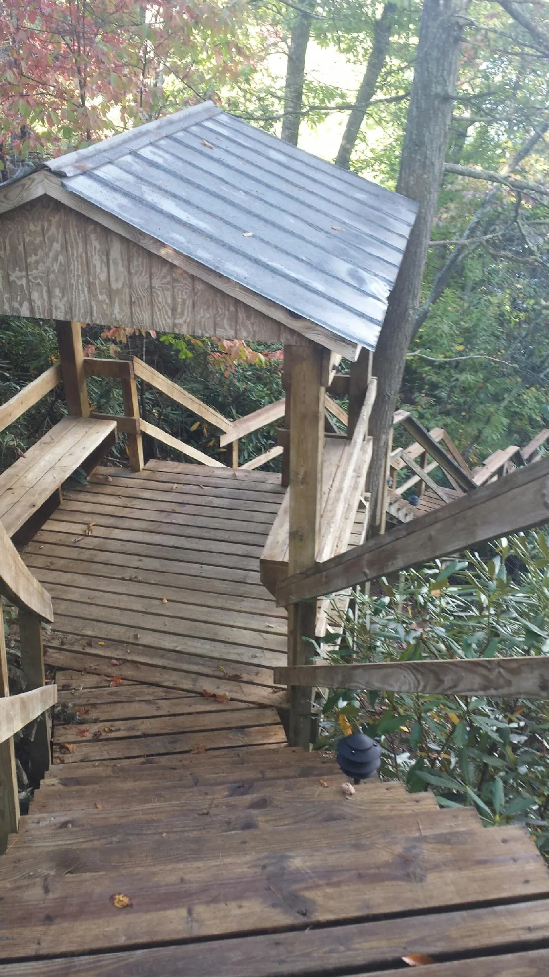Metal roofed shelter over wooden steps on a wooded walkway — Skylight Repair & Installation work by our crew in Tujunga